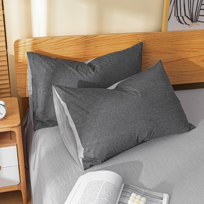 91家纺网 家纺一手货源 找家纺 秀色 2025新日系简约纯色双拼全棉可水洗四件套 深灰+浅灰