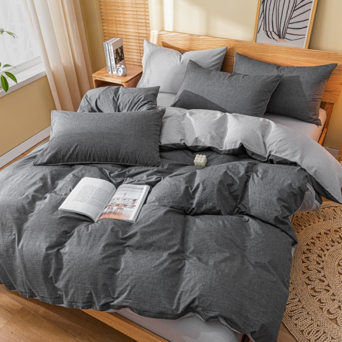 91家纺网 家纺一手货源 找家纺 秀色 2025新日系简约纯色双拼全棉可水洗四件套 深灰+浅灰