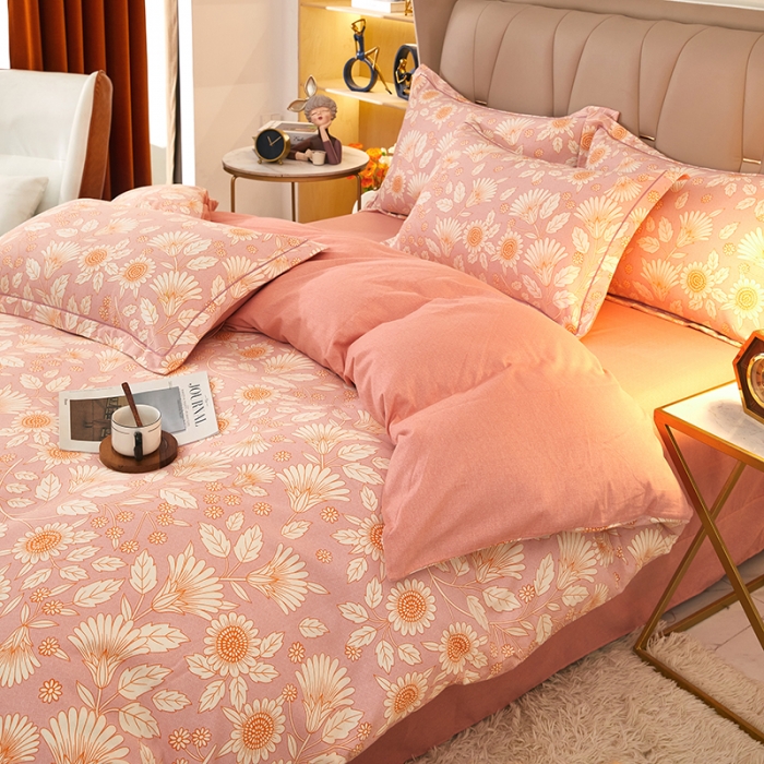 91家纺网 家纺一手货源 找家纺 雲归梦 2022新款全棉AB版加厚磨毛四件套 庭榭小花-粉