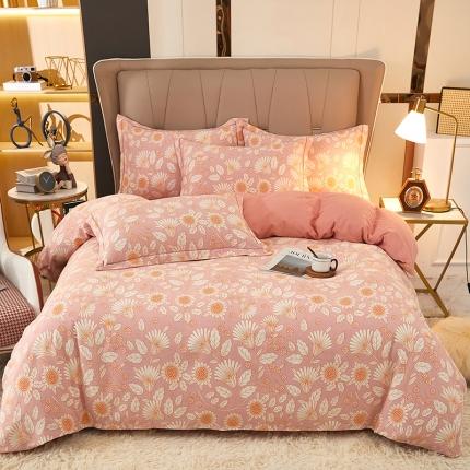 雲归梦 2022新款全棉AB版加厚磨毛四件套 庭榭小花-粉