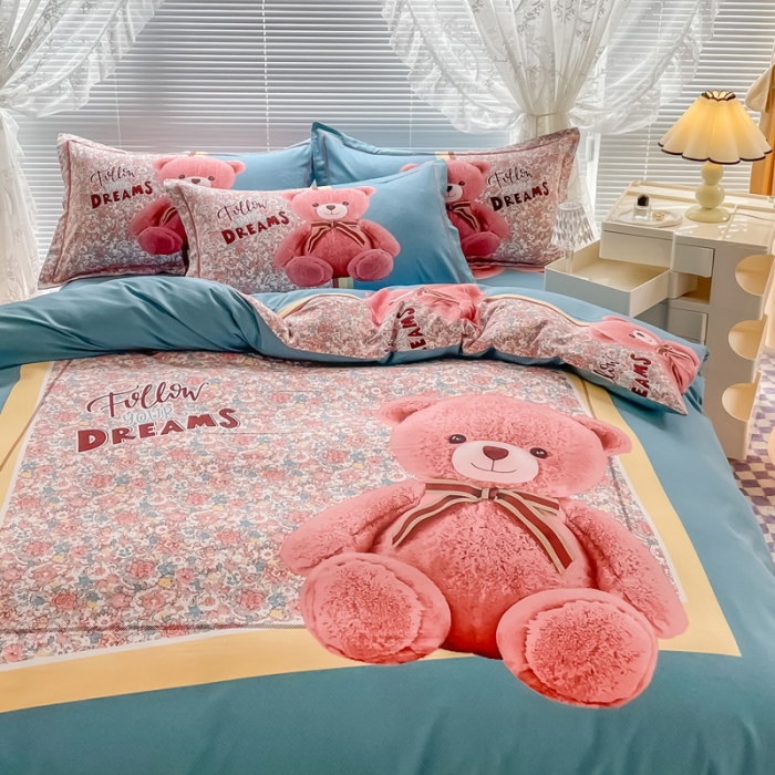 91家纺网 家纺一手货源 找家纺 金爱家 2023新款大版卡通磨毛四件套 嘟嘟熊