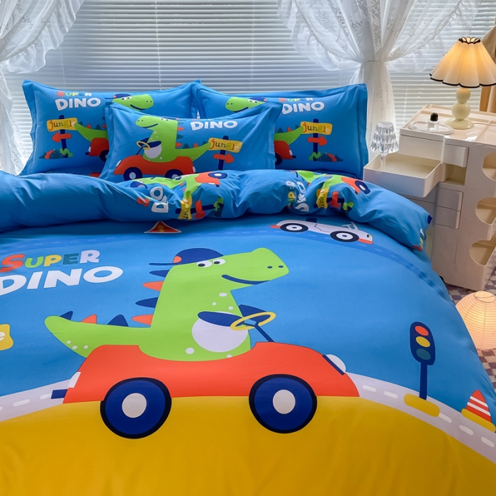 91家纺网 家纺一手货源 找家纺 金爱家 2023新款大版卡通磨毛四件套 恐龙假日