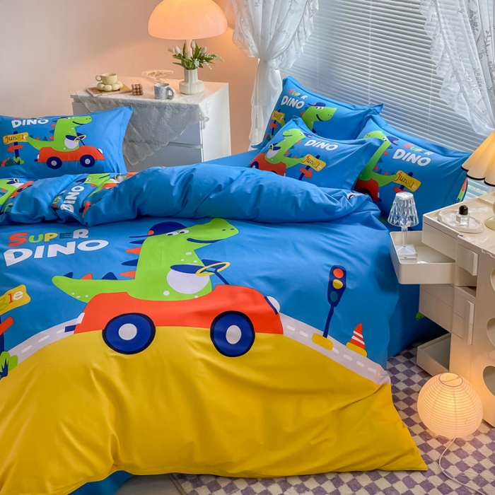 91家纺网 家纺一手货源 找家纺 金爱家 2023新款大版卡通磨毛四件套 恐龙假日