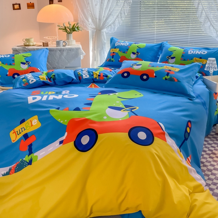 91家纺网 家纺一手货源 找家纺 金爱家 2023新款大版卡通磨毛四件套 恐龙假日