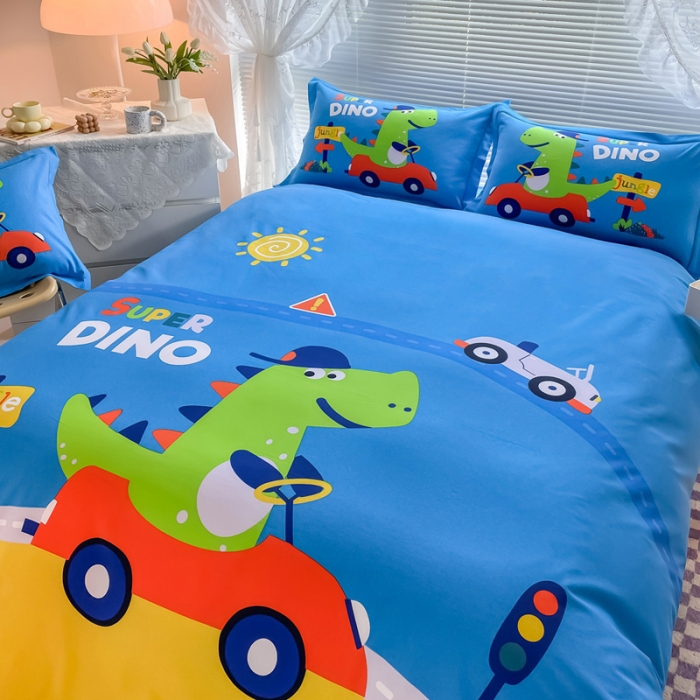 91家纺网 家纺一手货源 找家纺 金爱家 2023新款大版卡通磨毛四件套 恐龙假日