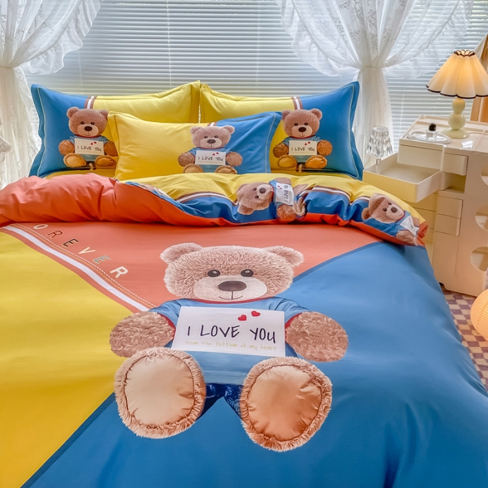 91家纺网 家纺一手货源 找家纺 金爱家 2023新款大版卡通磨毛四件套 快乐熊