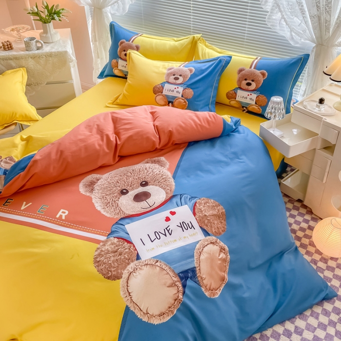 91家纺网 家纺一手货源 找家纺 金爱家 2023新款大版卡通磨毛四件套 快乐熊