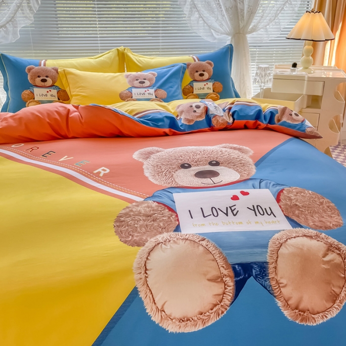 91家纺网 家纺一手货源 找家纺 金爱家 2023新款大版卡通磨毛四件套 快乐熊