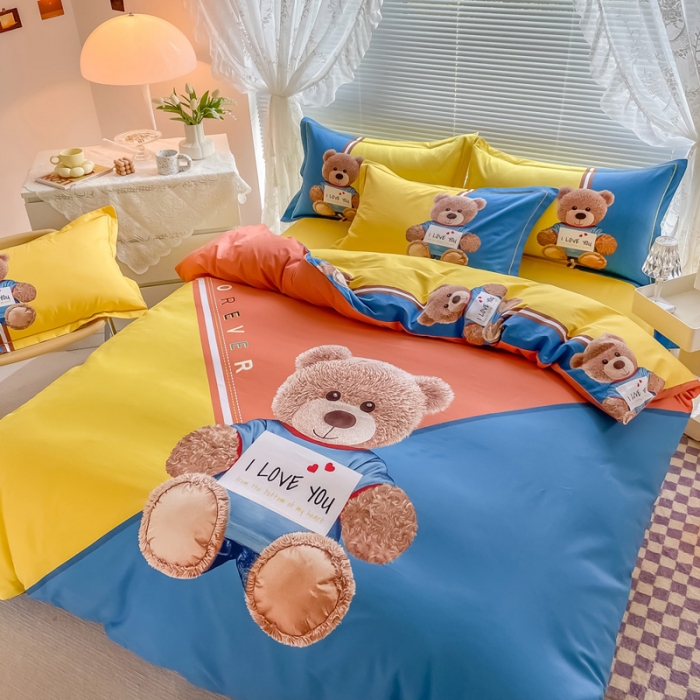 91家纺网 家纺一手货源 找家纺 金爱家 2023新款大版卡通磨毛四件套 快乐熊