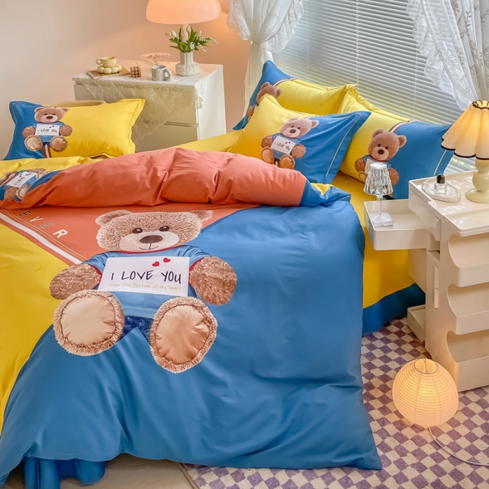 91家纺网 家纺一手货源 找家纺 金爱家 2023新款大版卡通磨毛四件套 快乐熊