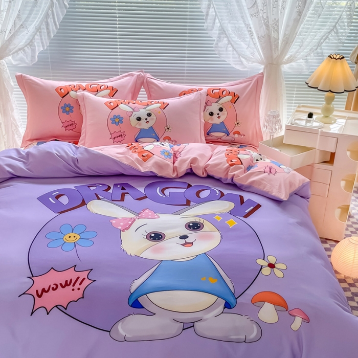 91家纺网 家纺一手货源 找家纺 金爱家 2023新款大版卡通磨毛四件套 邻家兔-紫