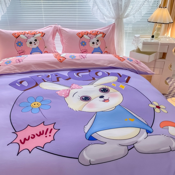 91家纺网 家纺一手货源 找家纺 金爱家 2023新款大版卡通磨毛四件套 邻家兔-紫