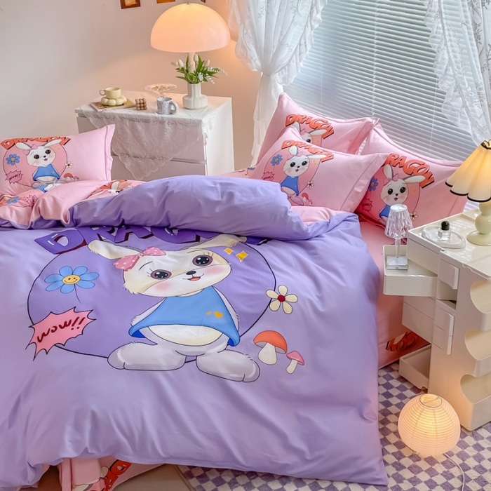 91家纺网 家纺一手货源 找家纺 金爱家 2023新款大版卡通磨毛四件套 邻家兔-紫