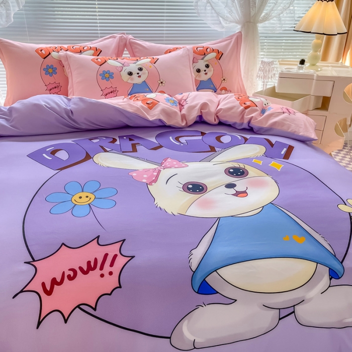 91家纺网 家纺一手货源 找家纺 金爱家 2023新款大版卡通磨毛四件套 邻家兔-紫