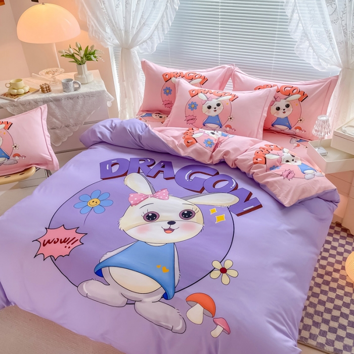 91家纺网 家纺一手货源 找家纺 金爱家 2023新款大版卡通磨毛四件套 邻家兔-紫