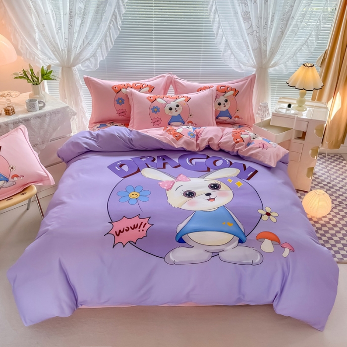 91家纺网 家纺一手货源 找家纺 金爱家 2023新款大版卡通磨毛四件套 邻家兔-紫
