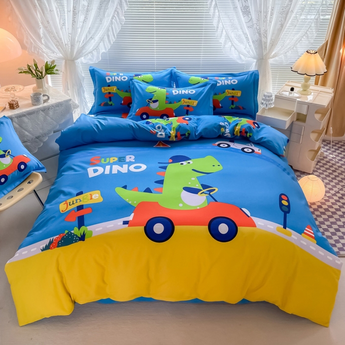 91家纺网 家纺一手货源 找家纺 金爱家 2023新款大版卡通磨毛四件套 恐龙假日