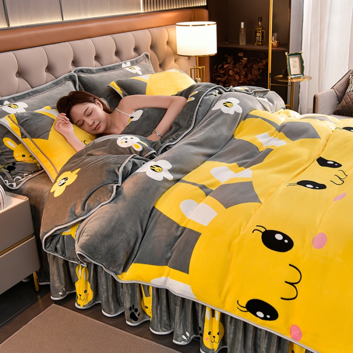 91家纺网 家纺一手货源 找家纺 馨梦缘2025直播爆款8.5斤牛奶绒四件套加厚保暖床裙 可爱兔