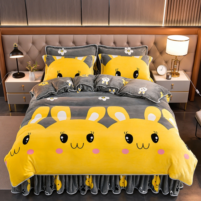 91家纺网 家纺一手货源 找家纺 馨梦缘2025直播爆款8.5斤牛奶绒四件套加厚保暖床裙 可爱兔