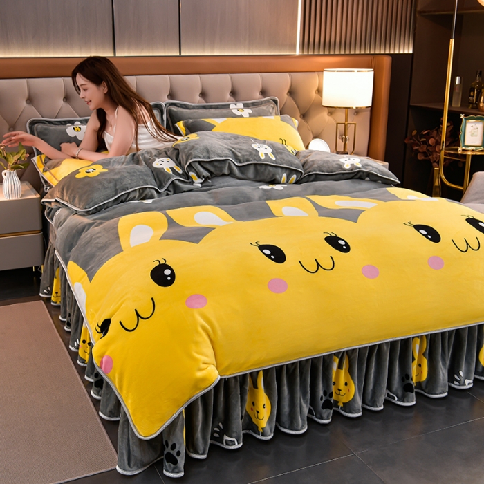 91家纺网 家纺一手货源 找家纺 馨梦缘2025直播爆款8.5斤牛奶绒四件套加厚保暖床裙 可爱兔