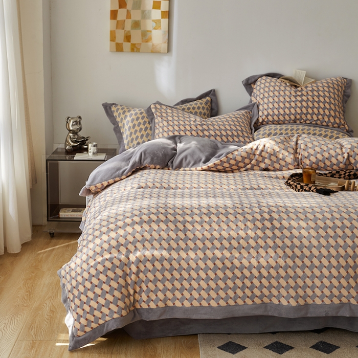 91家纺网 家纺一手货源 找家纺 佳梦家纺 2022新款240克高端色织牛奶绒四件套-织梦 织梦（胭脂）