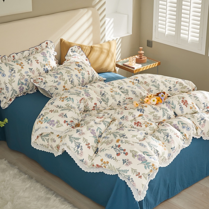 91家纺网 家纺一手货源 找家纺 怡家居 2022新款全棉A类双层纱韩版四件套 花间徜徉