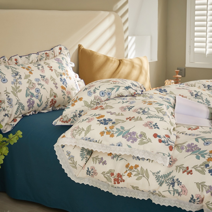 91家纺网 家纺一手货源 找家纺 怡家居 2022新款全棉A类双层纱韩版四件套 花间徜徉