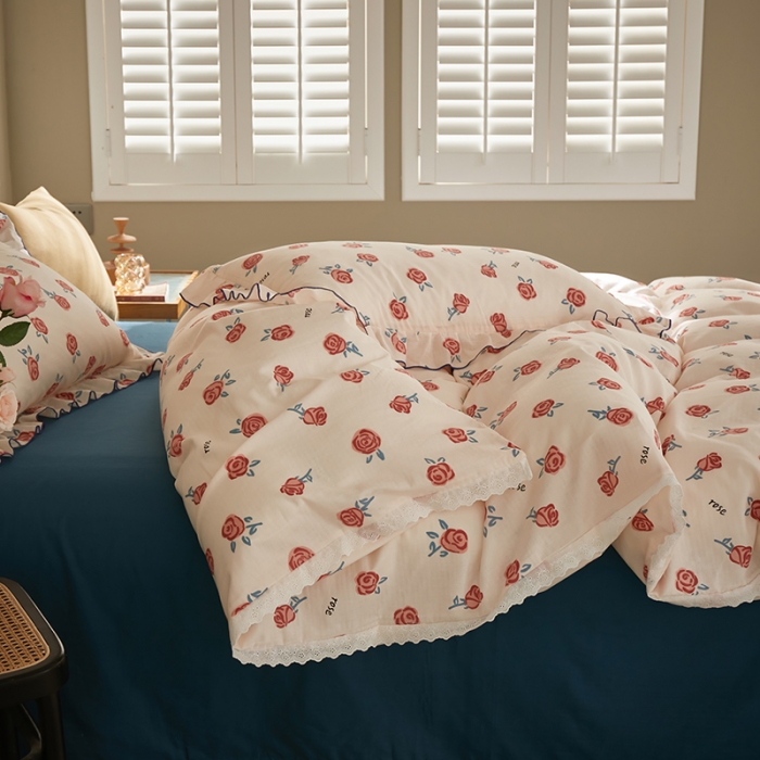 91家纺网 家纺一手货源 找家纺 怡家居 2022新款全棉A类双层纱韩版四件套 玫瑰花园