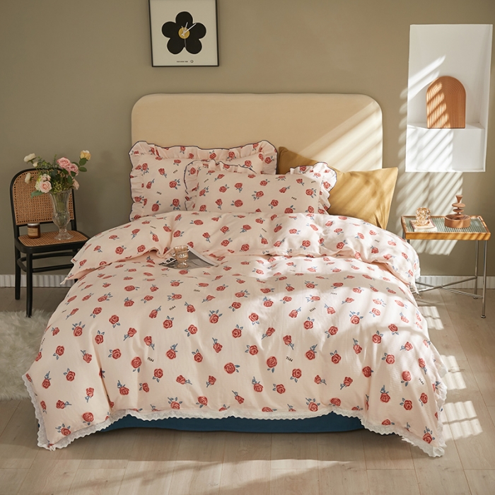 91家纺网 家纺一手货源 找家纺 怡家居 2022新款全棉A类双层纱韩版四件套 玫瑰花园