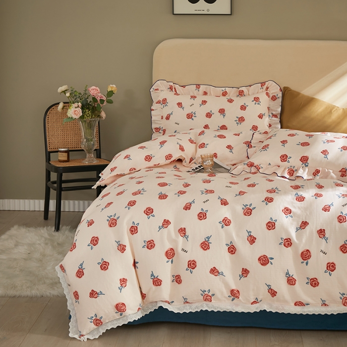 91家纺网 家纺一手货源 找家纺 怡家居 2022新款全棉A类双层纱韩版四件套 玫瑰花园