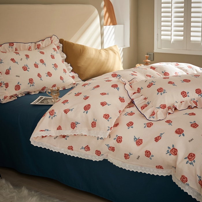 91家纺网 家纺一手货源 找家纺 怡家居 2022新款全棉A类双层纱韩版四件套 玫瑰花园