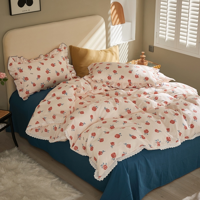 91家纺网 家纺一手货源 找家纺 怡家居 2022新款全棉A类双层纱韩版四件套 玫瑰花园