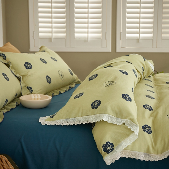 91家纺网 家纺一手货源 找家纺 怡家居 2022新款全棉A类双层纱韩版四件套 山茶花