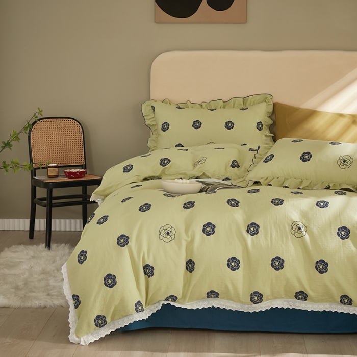 91家纺网 家纺一手货源 找家纺 怡家居 2022新款全棉A类双层纱韩版四件套 山茶花