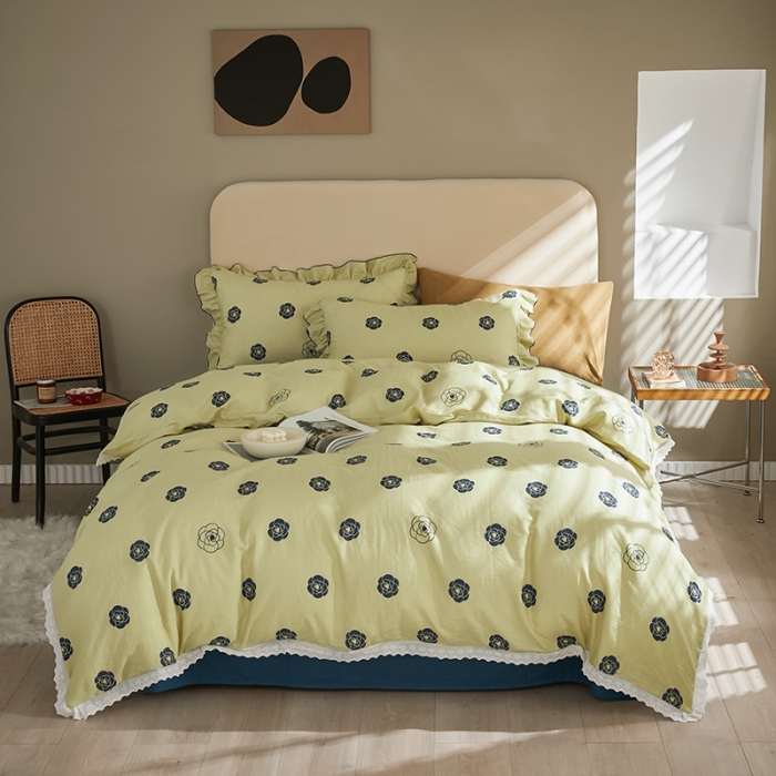 91家纺网 家纺一手货源 找家纺 怡家居 2022新款全棉A类双层纱韩版四件套 山茶花