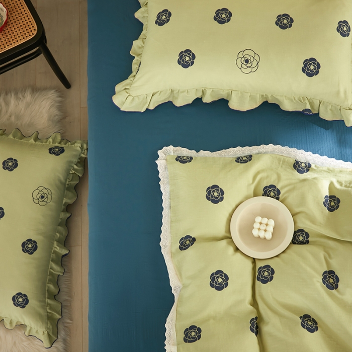 91家纺网 家纺一手货源 找家纺 怡家居 2022新款全棉A类双层纱韩版四件套 山茶花