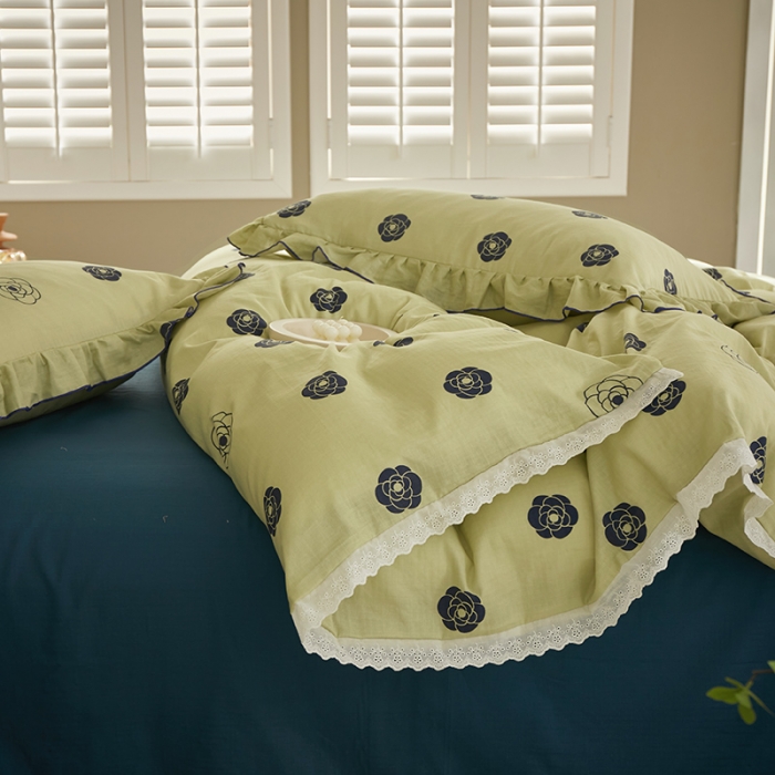 91家纺网 家纺一手货源 找家纺 怡家居 2022新款全棉A类双层纱韩版四件套 山茶花