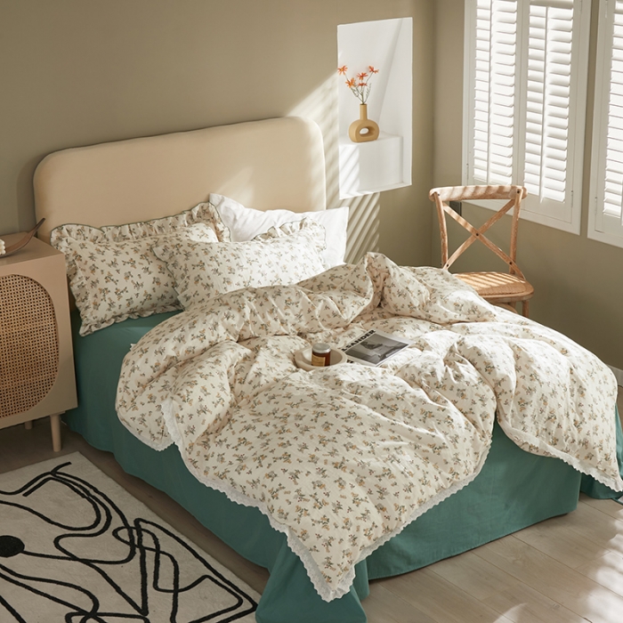 91家纺网 家纺一手货源 找家纺 怡家居 2022新款全棉A类双层纱韩版四件套 素雅米