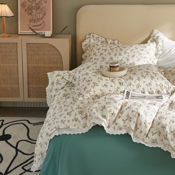 91家纺网 家纺一手货源 找家纺 怡家居 2022新款全棉A类双层纱韩版四件套 素雅米