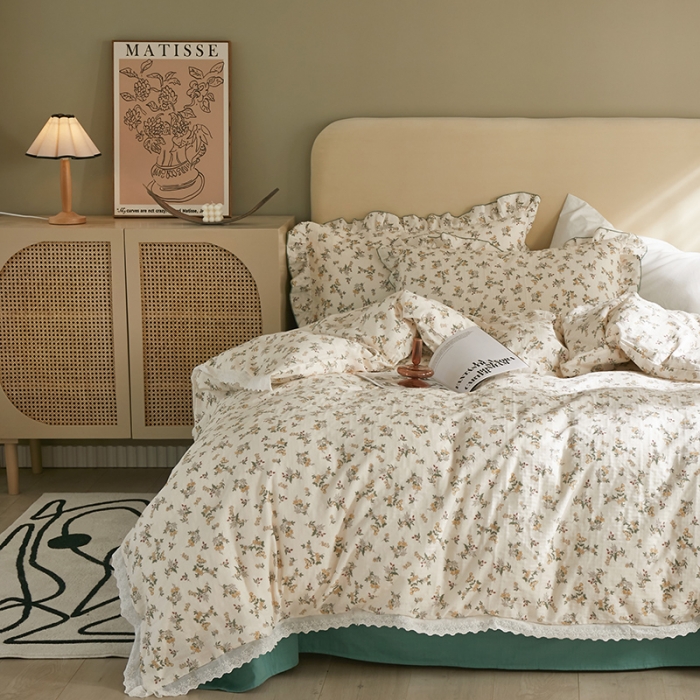 91家纺网 家纺一手货源 找家纺 怡家居 2022新款全棉A类双层纱韩版四件套 素雅米