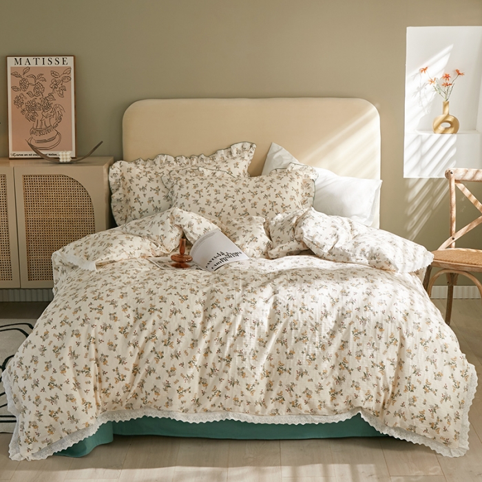 91家纺网 家纺一手货源 找家纺 怡家居 2022新款全棉A类双层纱韩版四件套 素雅米