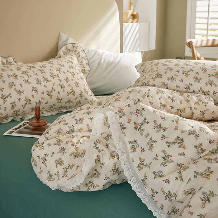 91家纺网 家纺一手货源 找家纺 怡家居 2022新款全棉A类双层纱韩版四件套 素雅米