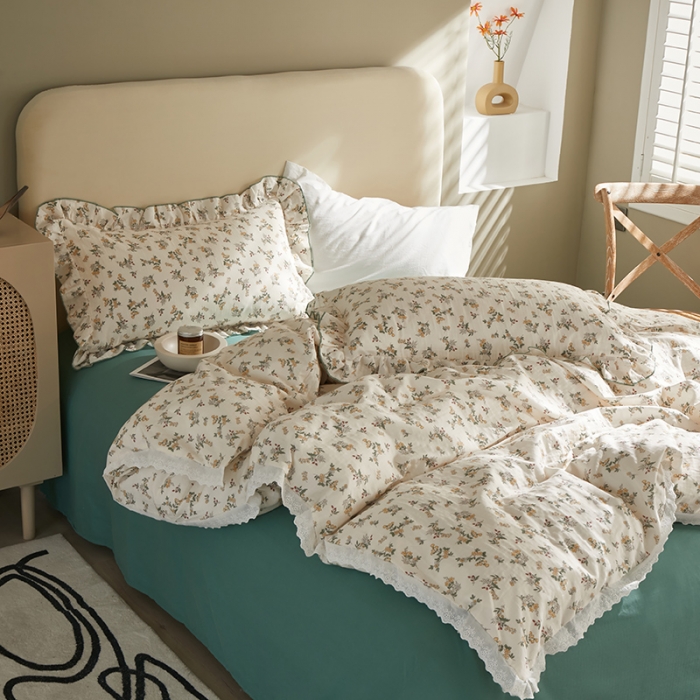 91家纺网 家纺一手货源 找家纺 怡家居 2022新款全棉A类双层纱韩版四件套 素雅米