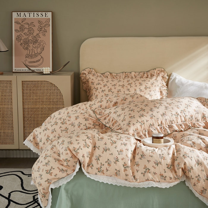 91家纺网 家纺一手货源 找家纺 怡家居 2022新款全棉A类双层纱韩版四件套 素雅驼