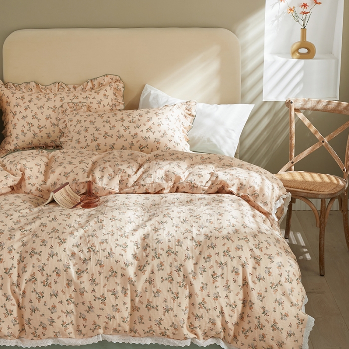 91家纺网 家纺一手货源 找家纺 怡家居 2022新款全棉A类双层纱韩版四件套 素雅驼