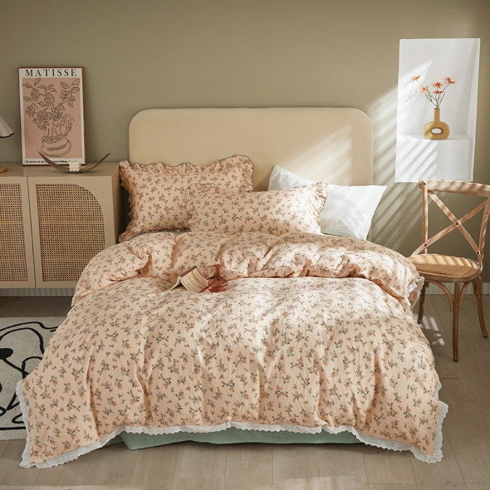 91家纺网 家纺一手货源 找家纺 怡家居 2022新款全棉A类双层纱韩版四件套 素雅驼