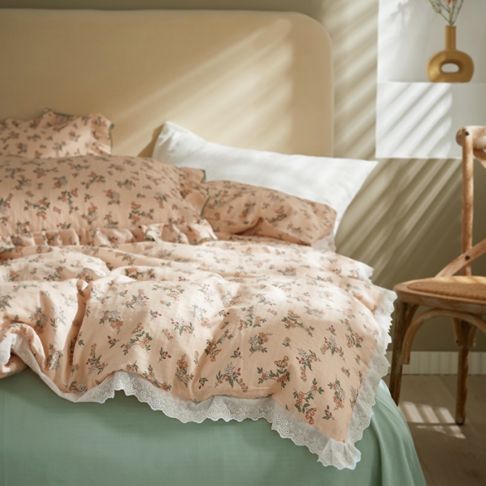 91家纺网 家纺一手货源 找家纺 怡家居 2022新款全棉A类双层纱韩版四件套 素雅驼