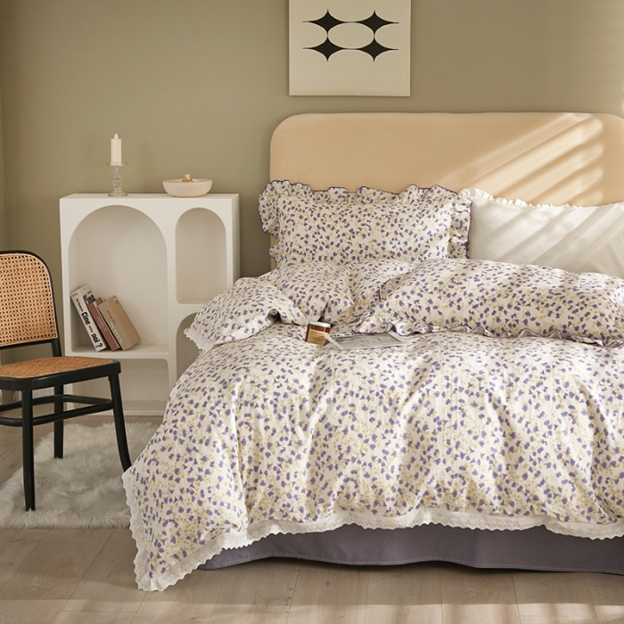 91家纺网 家纺一手货源 找家纺 怡家居 2022新款全棉A类双层纱韩版四件套 叶语纷飞