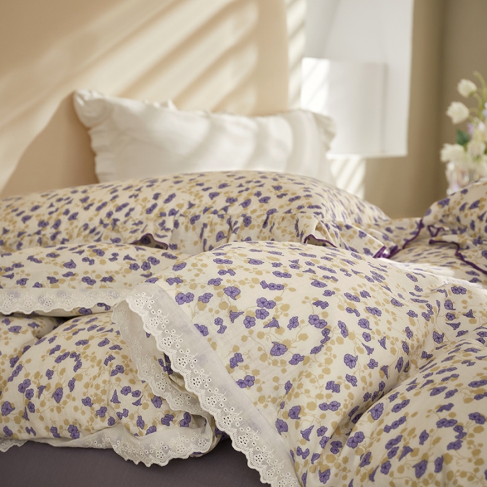 91家纺网 家纺一手货源 找家纺 怡家居 2022新款全棉A类双层纱韩版四件套 叶语纷飞