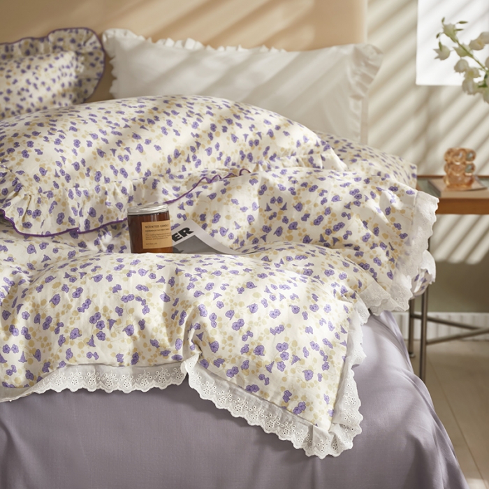 91家纺网 家纺一手货源 找家纺 怡家居 2022新款全棉A类双层纱韩版四件套 叶语纷飞